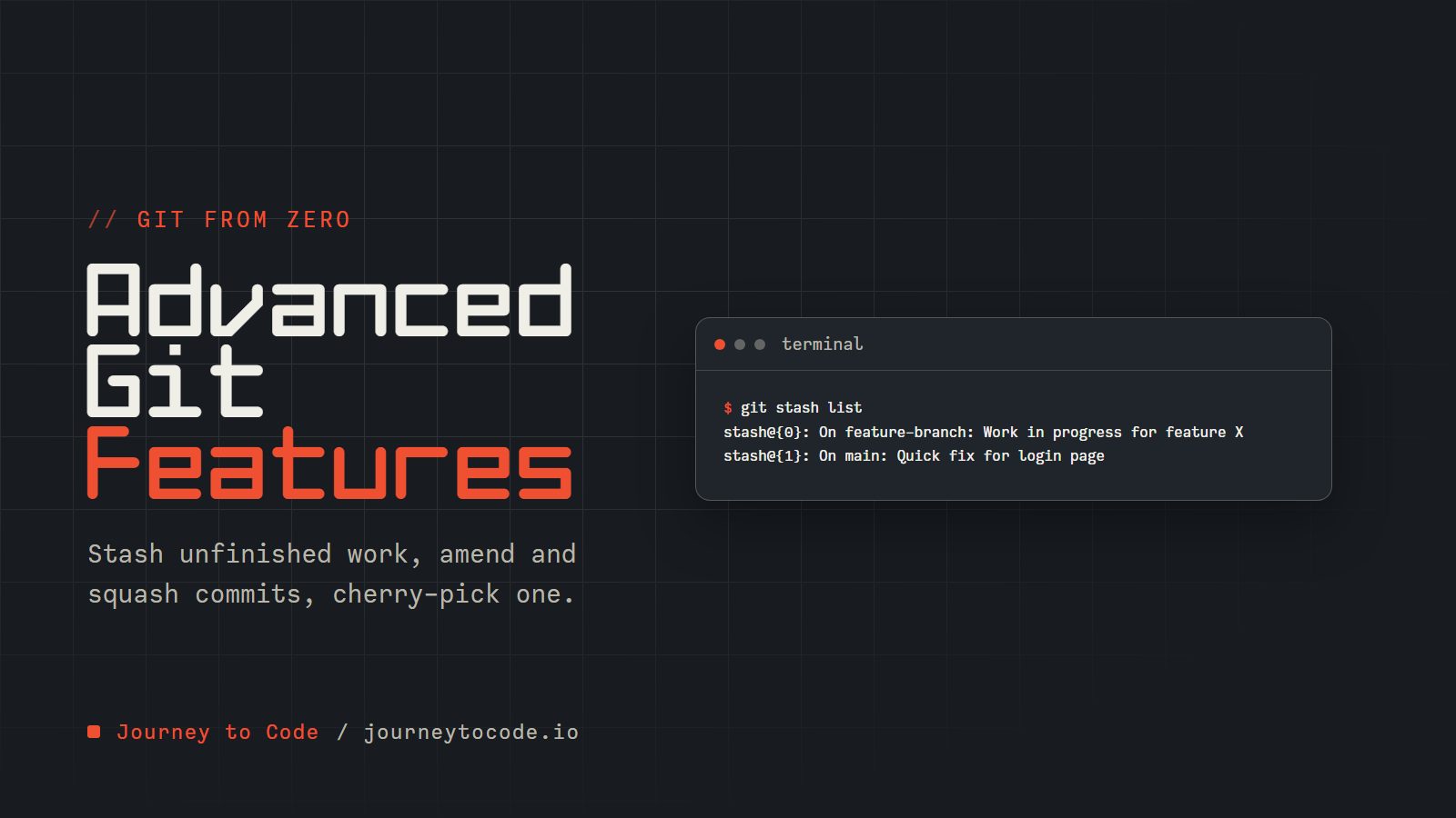Cover reading "Advanced Git Features" beside a git stash list terminal window with two stashes