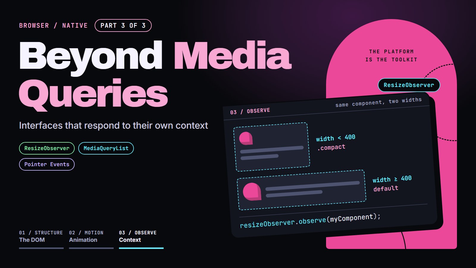Cover reading "Beyond Media Queries" with the same card drawn at two widths, compact below 400px, observed by ResizeObserver