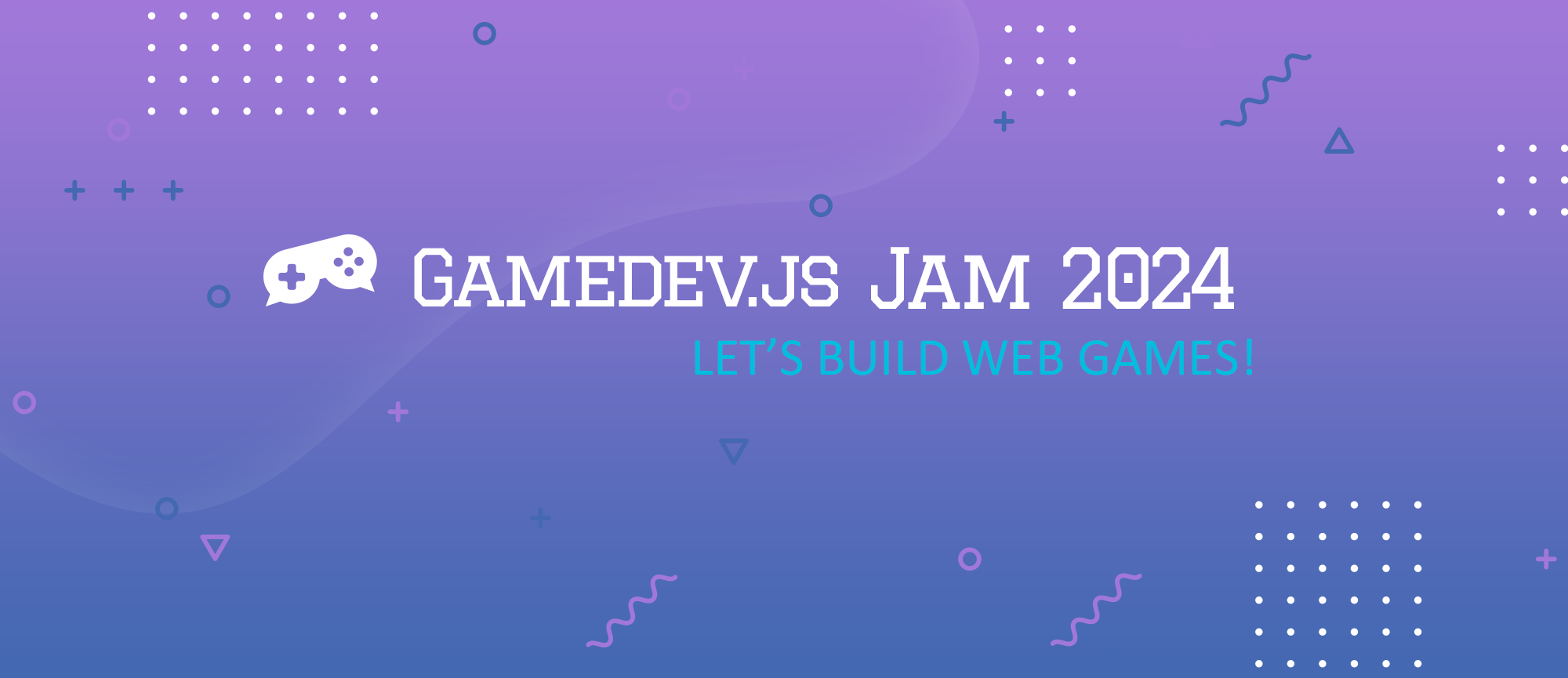 Banner reading "Gamedev.js Jam 2024" and "LET'S BUILD WEB GAMES!" with a game controller icon on a purple gradient