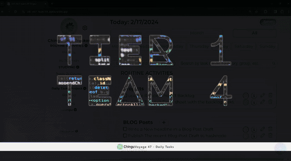 Screen recording of the Daily Tasks app with a "Tier 1 Team 4" title, showing a dated task list with routine activities and blog post items
