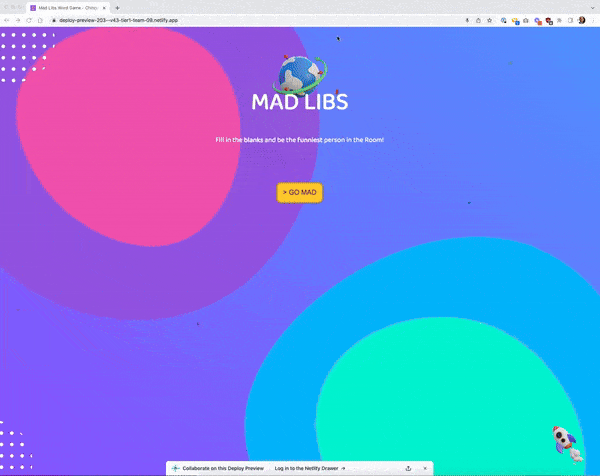 Screen recording of the Mad Libs app landing page, with the prompt "Fill in the blanks and be the funniest person in the Room!" and a Go Mad button