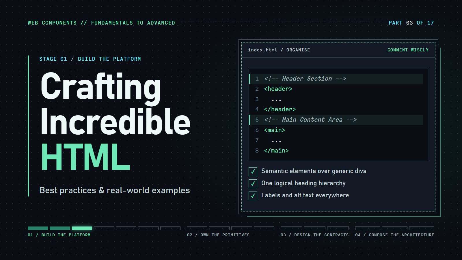 Cover reading "Crafting Incredible HTML" with commented header and main markup and a checklist of semantic HTML practices