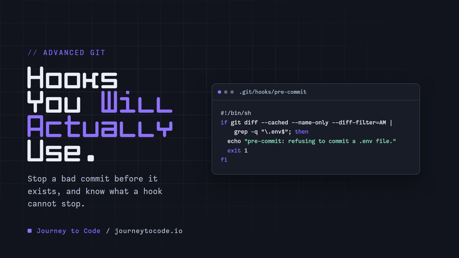 Cover reading "Hooks You Will Actually Use." a pre-commit hook script that refuses to commit a .env file