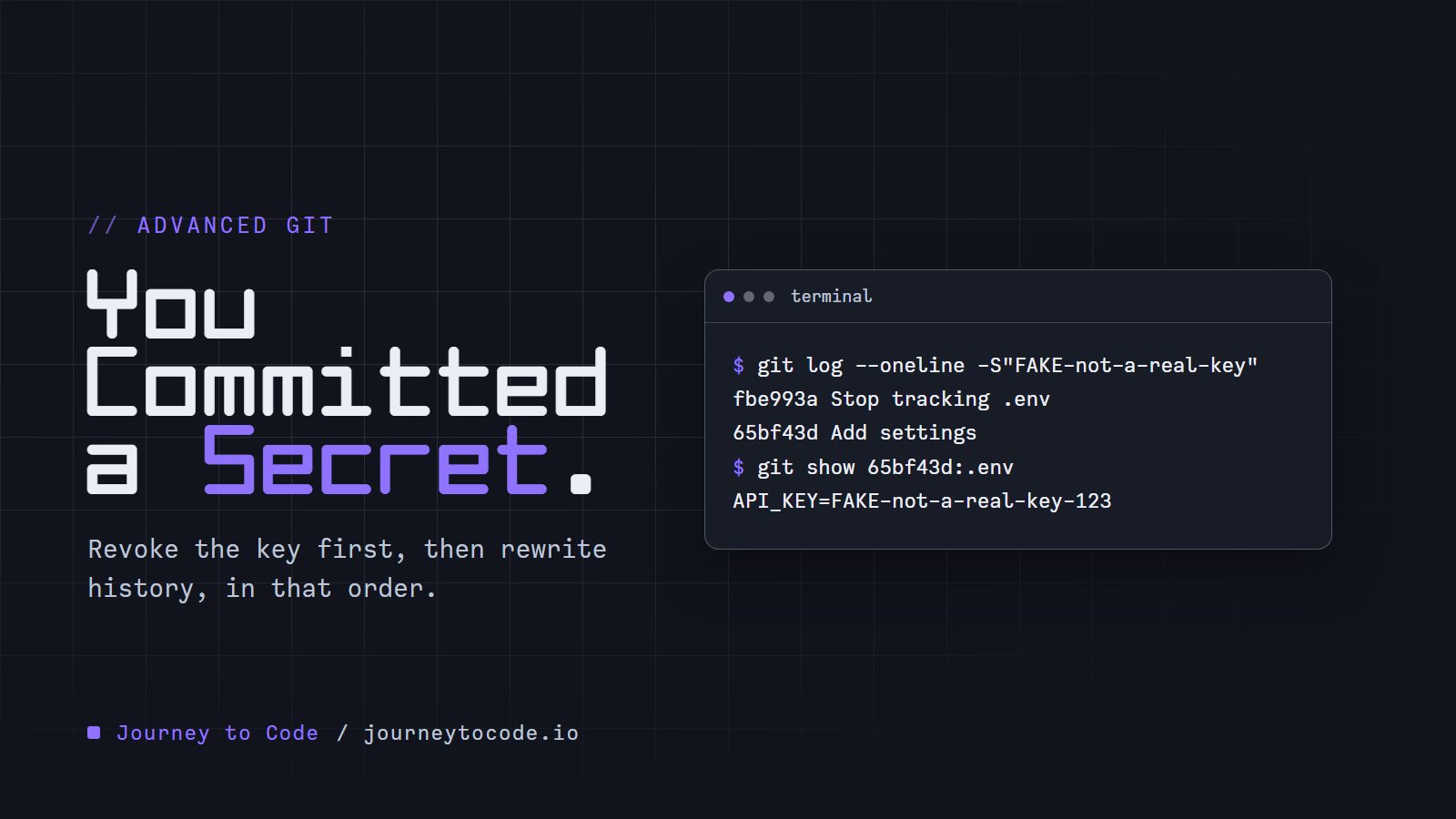 Cover reading "You Committed a Secret." a terminal window where git log -S finds a fake API key still stored in an older commit